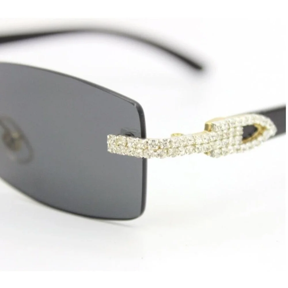 Rimless Dark Black Lens Sunglasses Rhinestone Accents Rectangular Frame Men's‎